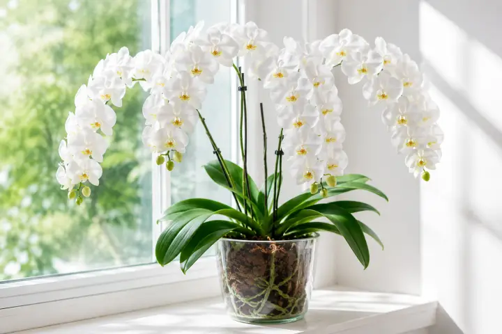 23 Blooming Indoor Plants to Brighten Your Home All Year 3 Sunlit orchid bloom on windowsill