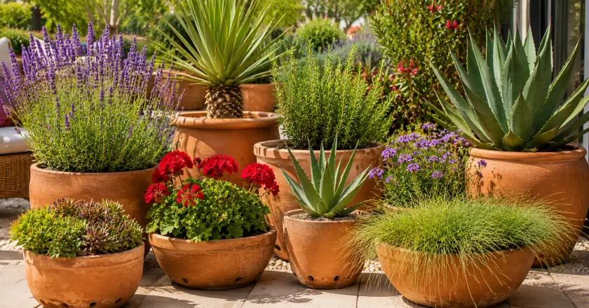 Top Drought-Resistant Plants for a Low-Water Garden 4 Sunny Mediterranean garden patio scene