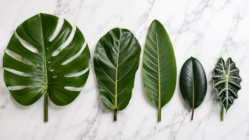 Tropical leaves on marble flat-lay