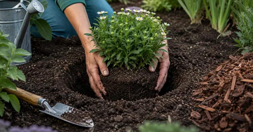 Carefully planting a new flower shrub
