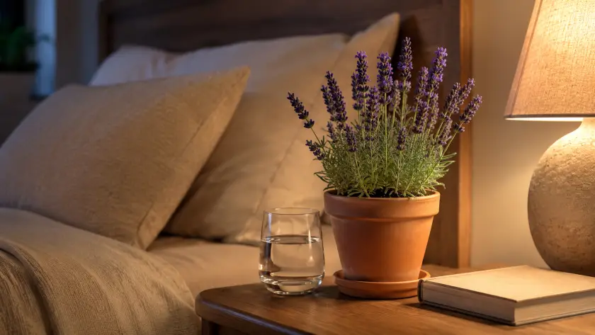 How to Decorate Your Bedroom with Plants for Style and Calm 2 Cozy bedside with lavender and warmth
