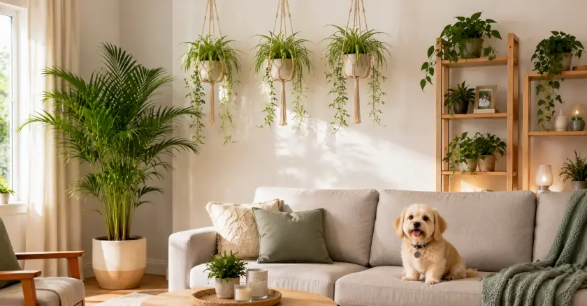 How to Make Your Plants Dog-Friendly: Safe Plants and Smart Strategies 4 Cozy boho living room with plants