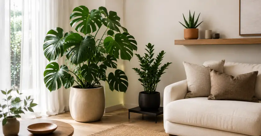 Cozy minimalist living room with plants