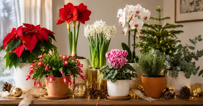 Festive holiday plants and decor display