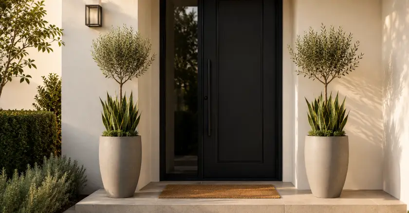 Modern minimalist entrance with olive topiaries