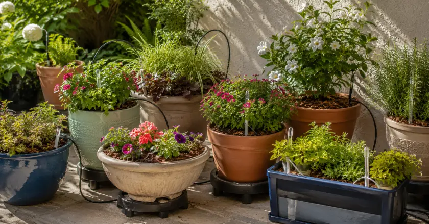 Sunny garden patio with lush planters