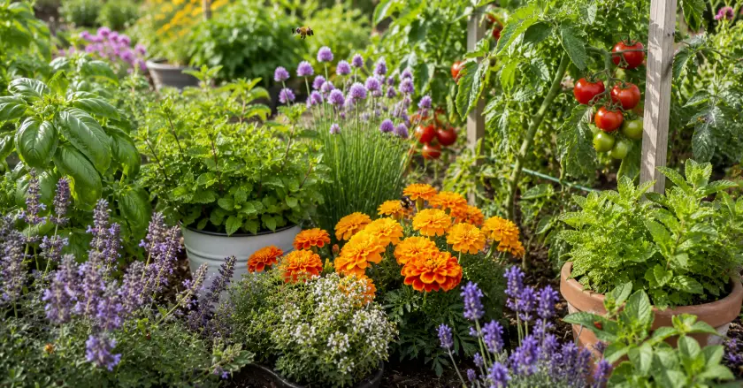 Vibrant garden with herbs and flowers