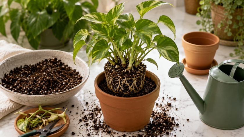 Botanical repotting in a serene space