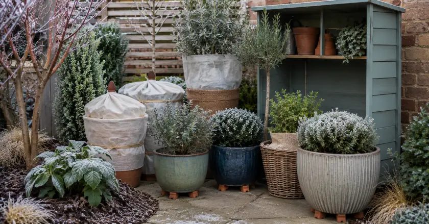 Frosted garden corner in winter