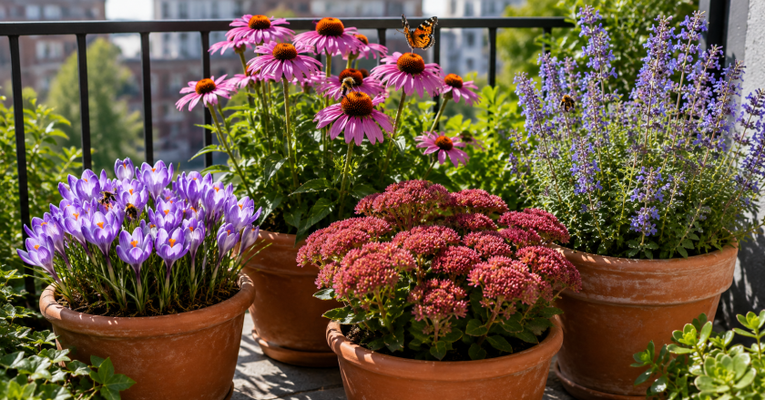 Pollinator-Friendly Plants for Urban Outdoor Spaces 3 Sunlit balcony garden with vibrant blooms