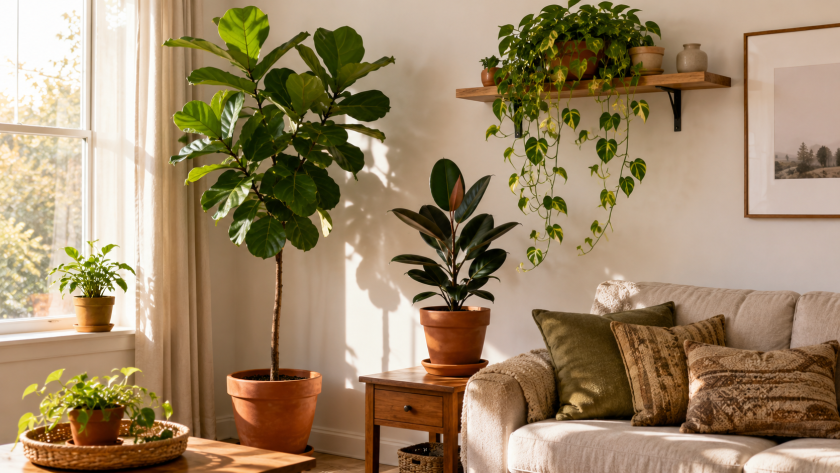 Sunlit boho living room corner