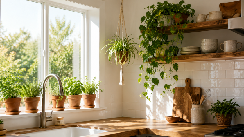 Sunny kitchen with greenery and plants