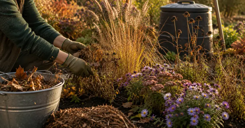 Autumn garden cleanup in golden light