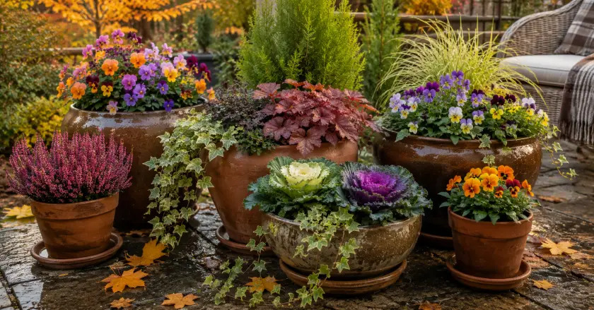 Autumn garden patio with potted blooms