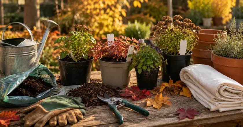Autumn gardening on a rustic table