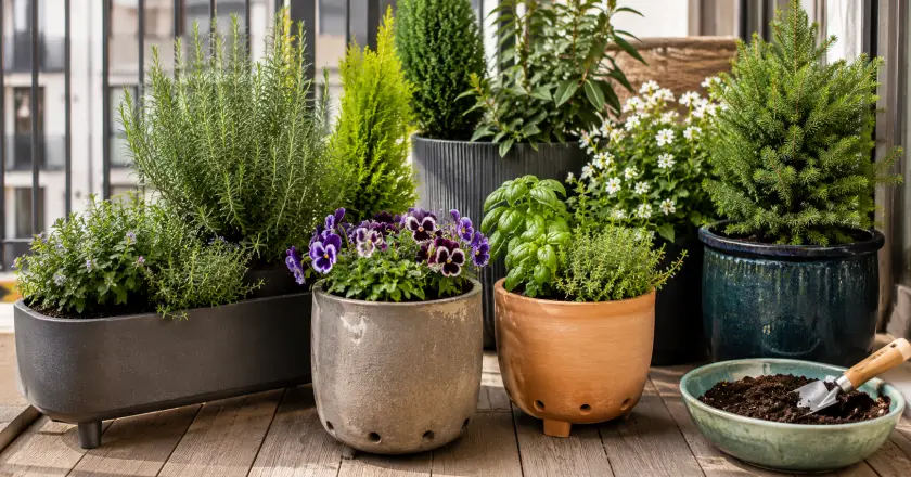 Cozy urban balcony garden in sunlight