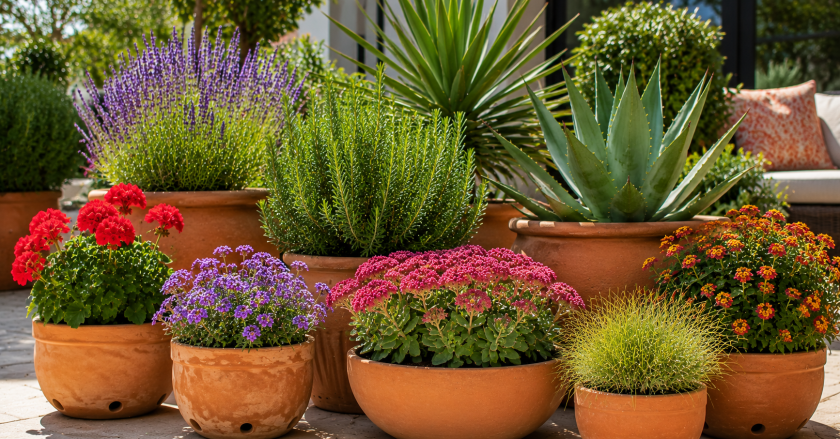 Mediterranean garden patio in sunlight