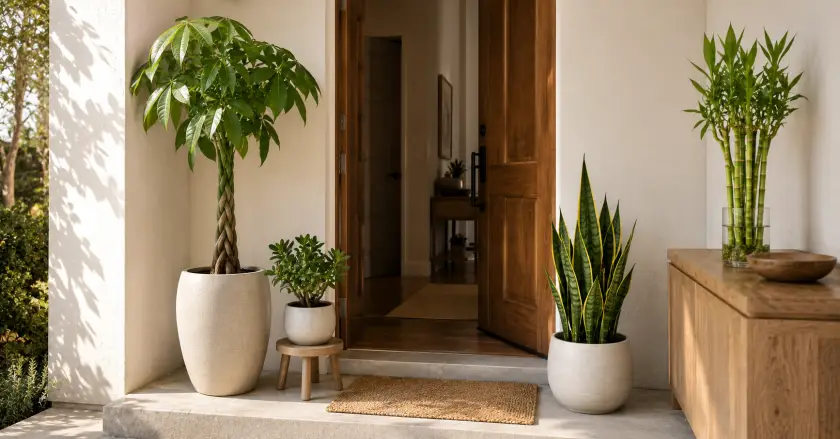 Minimalist entryway with indoor plants