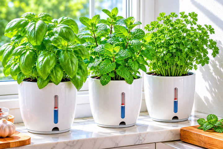 The Truth About Self-Watering Pots: Do They Really Work? 3 Sunny kitchen herb garden scene