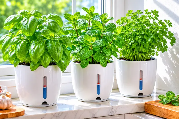 The Truth About Self-Watering Pots: Do They Really Work? 3 Sunny kitchen herb garden scene