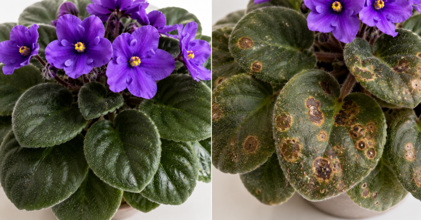 Healthy vs damaged African violets close-up