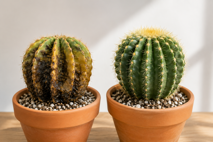Healthy vs. Unhealthy barrel cacti pair