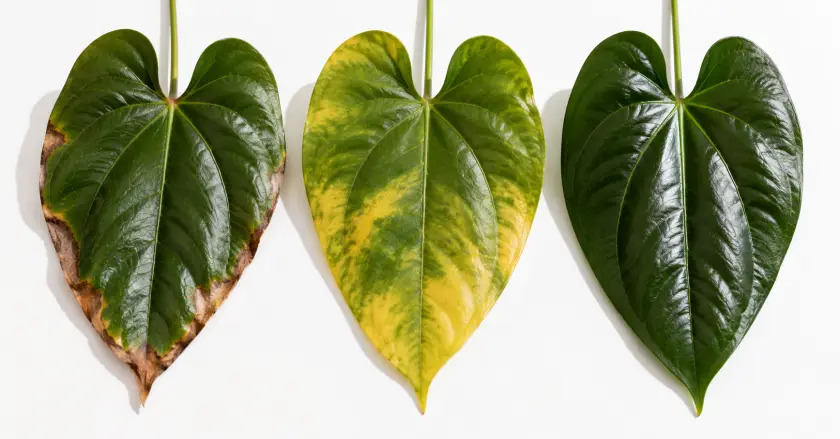 Anthurium Care Guide: How to Grow the Flamingo Flower Indoors 4 Heart-shaped leaves with varying health
