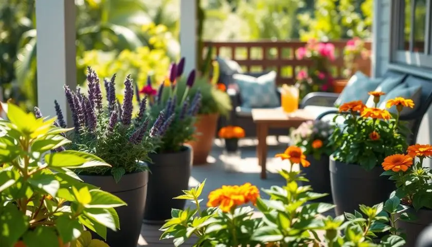 patio scene with mosquito repellent plants such as citronella lavender and marigolds in pots