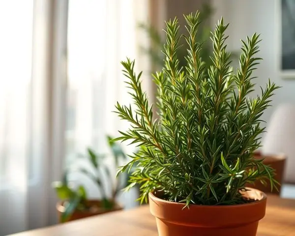 healthy indoor rosemary plant in bright light healthy indoor rosemary plant in bright light with green needle leaves