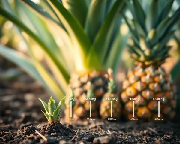 pineapple plant maturity timeline showing crown growth flowering and fruit development