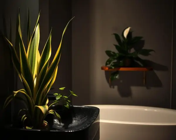low light bathroom plants in a dim windowless bathroom with snake plant pothos and peace lily