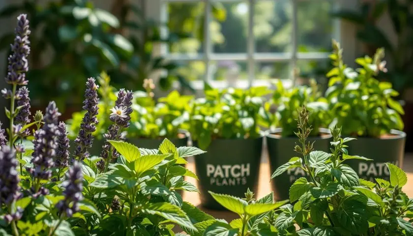 mosquito repelling herbs including lavender citronella basil and rosemary in patio pots