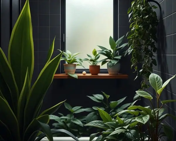 indoor plants for bathroom with no window including snake plant pothos ZZ plant and peace lily