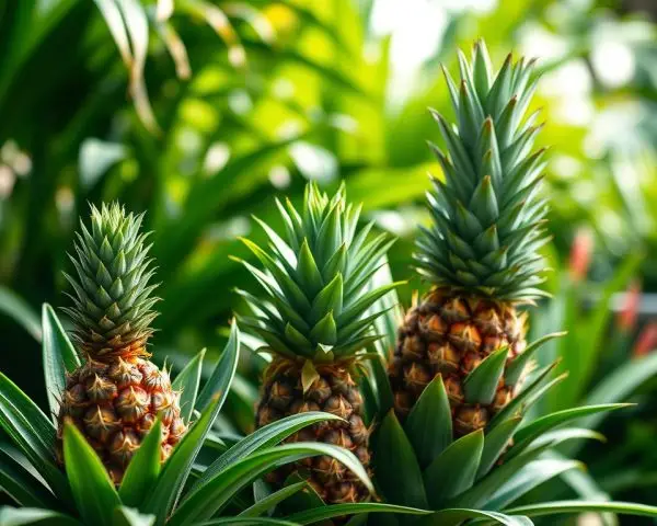 pineapple growth stages from young crown to mature fruit