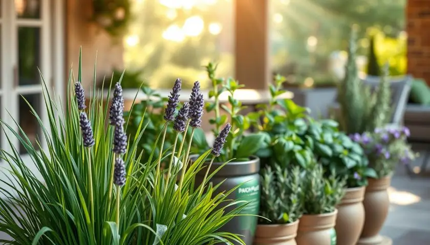 natural insect repellant plants in pots including citronella grass lavender basil and rosemary