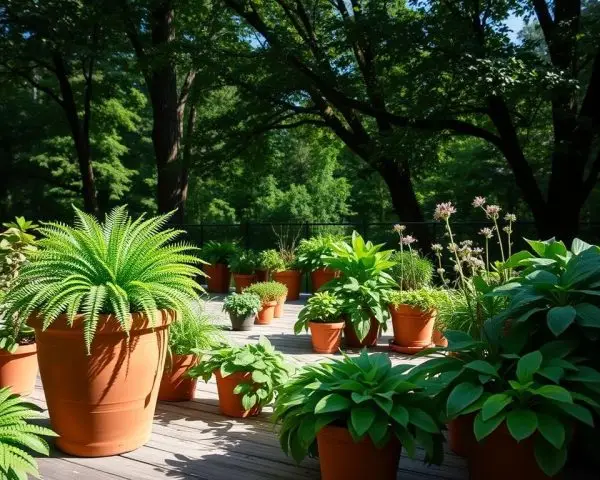 shade container plants including ferns hostas and flowers on a shaded patio