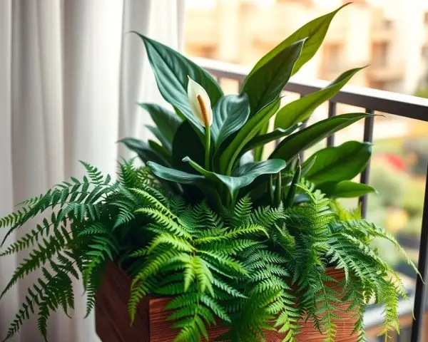 shade-loving small plants including ferns peace lilies and compact foliage plants on a balcony