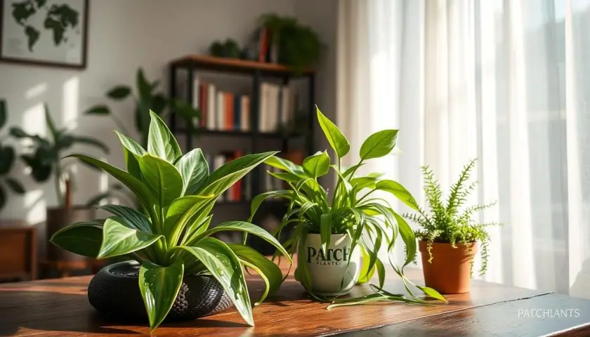 low light house plants including snake plant and ZZ plant in a softly lit indoor room