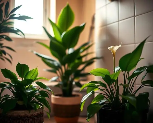best plants for dark bathrooms including pothos snake plant ZZ plant and peace lily