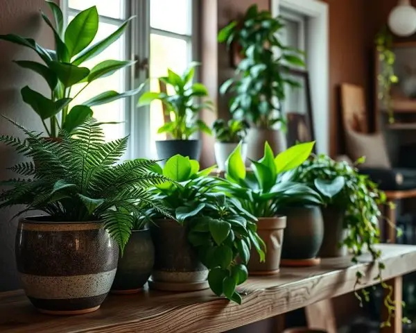 potted plants for shade arranged on a shelf with ferns peace lilies and trailing vines