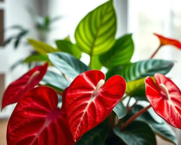 red flowering houseplant Anthurium with glossy leaves