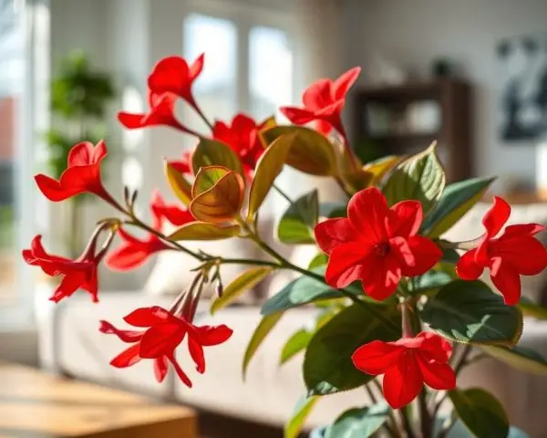 indoor plant with crimson flower in a bright living room