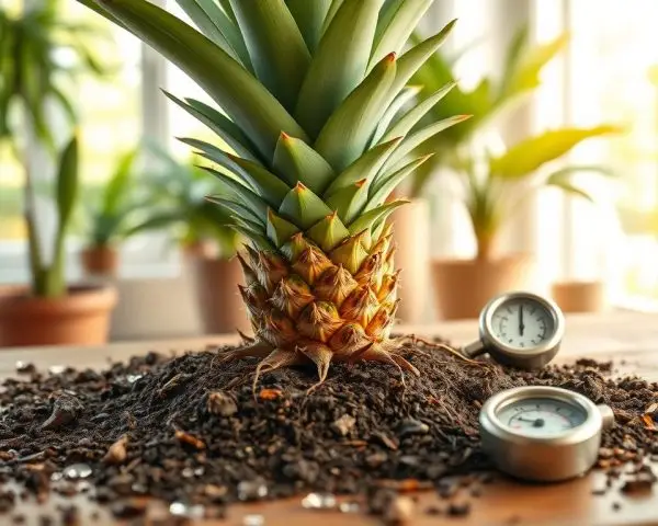 pineapple cultivation timeline care conditions including sunlight water soil and container drainage