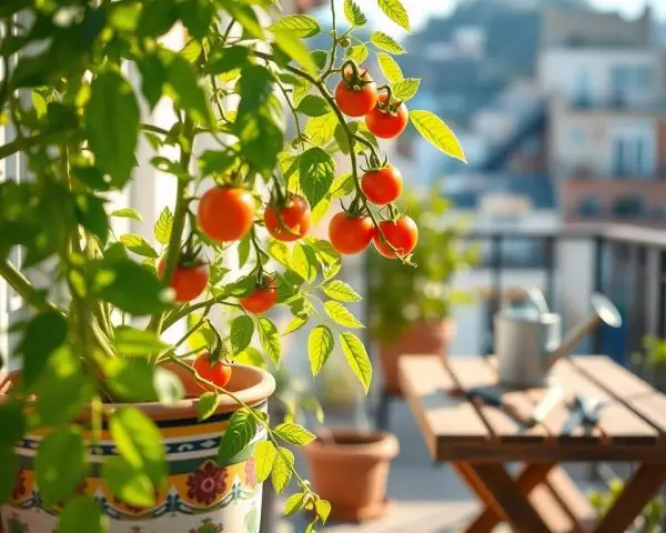 compact patio tomato plant on a sunny balcony compact patio tomato plant growing in a decorative pot on a sunny balcony