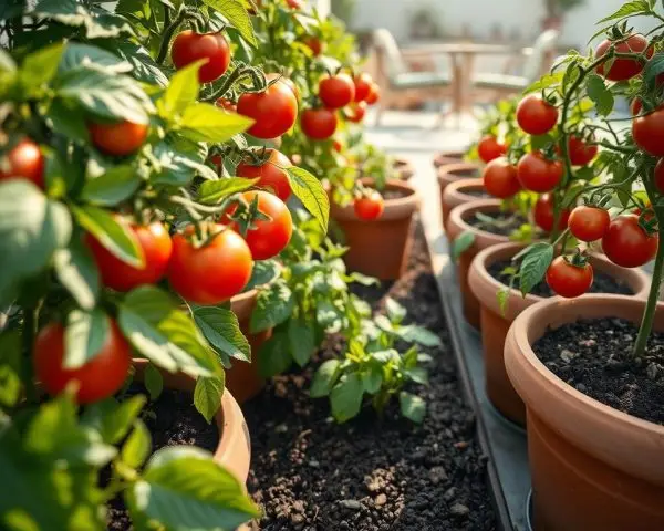 container tomato plants container tomato plants in pots with healthy leaves and ripening tomatoes