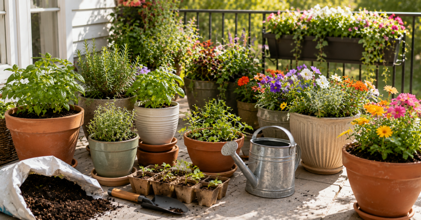Bright and blooming balcony garden