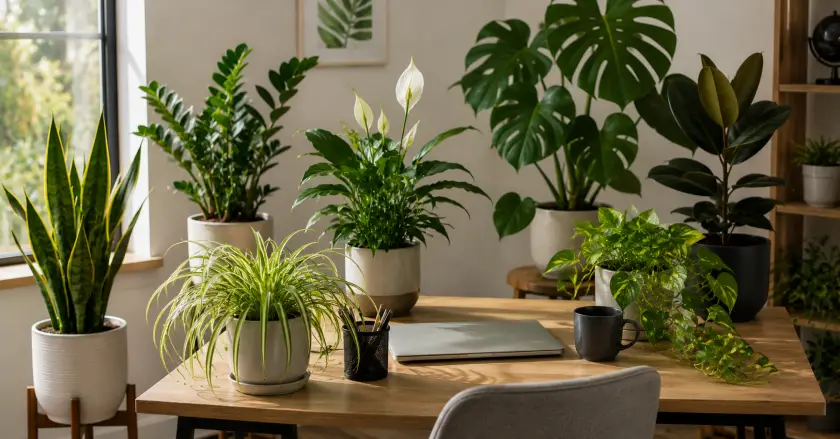 Cozy indoor garden workspace with plants