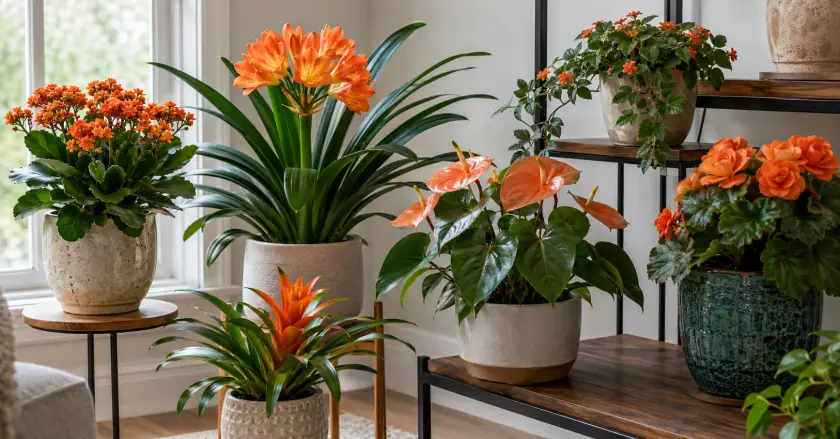 Cozy indoor plant display with orange blooms
