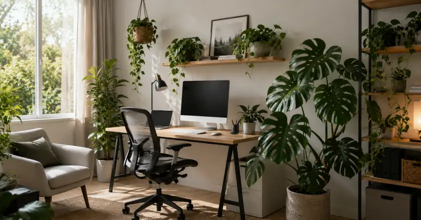 Cozy modern home office with plants