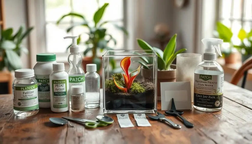 Carnivorous Plant Terrarium Setup Guide for Beginners 3 essential supplies for carnivorous plant terrarium setup with moss, distilled water, tools, and glass container